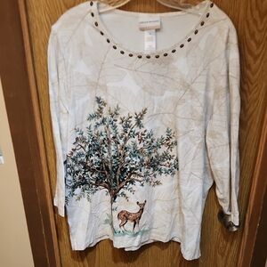 Alfred Dunner Leafy Tree and Deer Top